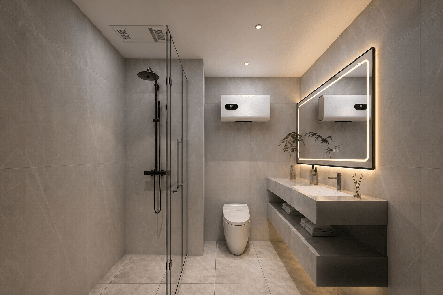 Warmly lit K7 bathroom with shower, vanity, mirror and WC