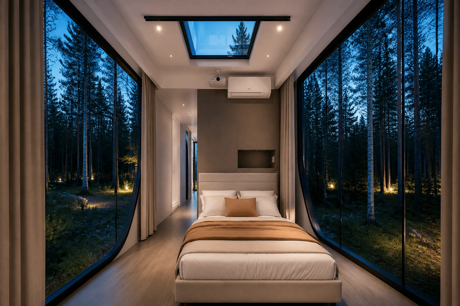 Private K7 bedroom overlooking a Baltic forest at dusk