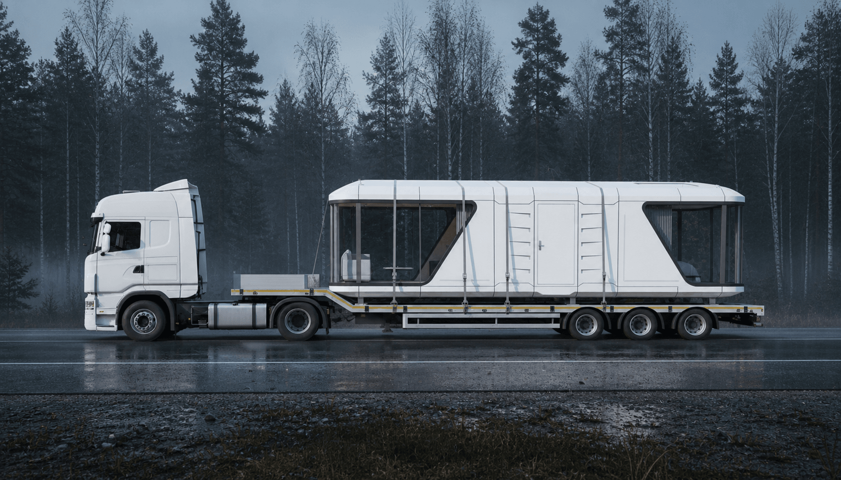 K7 modular home secured on a transport platform beside a wet Baltic forest road at dawn