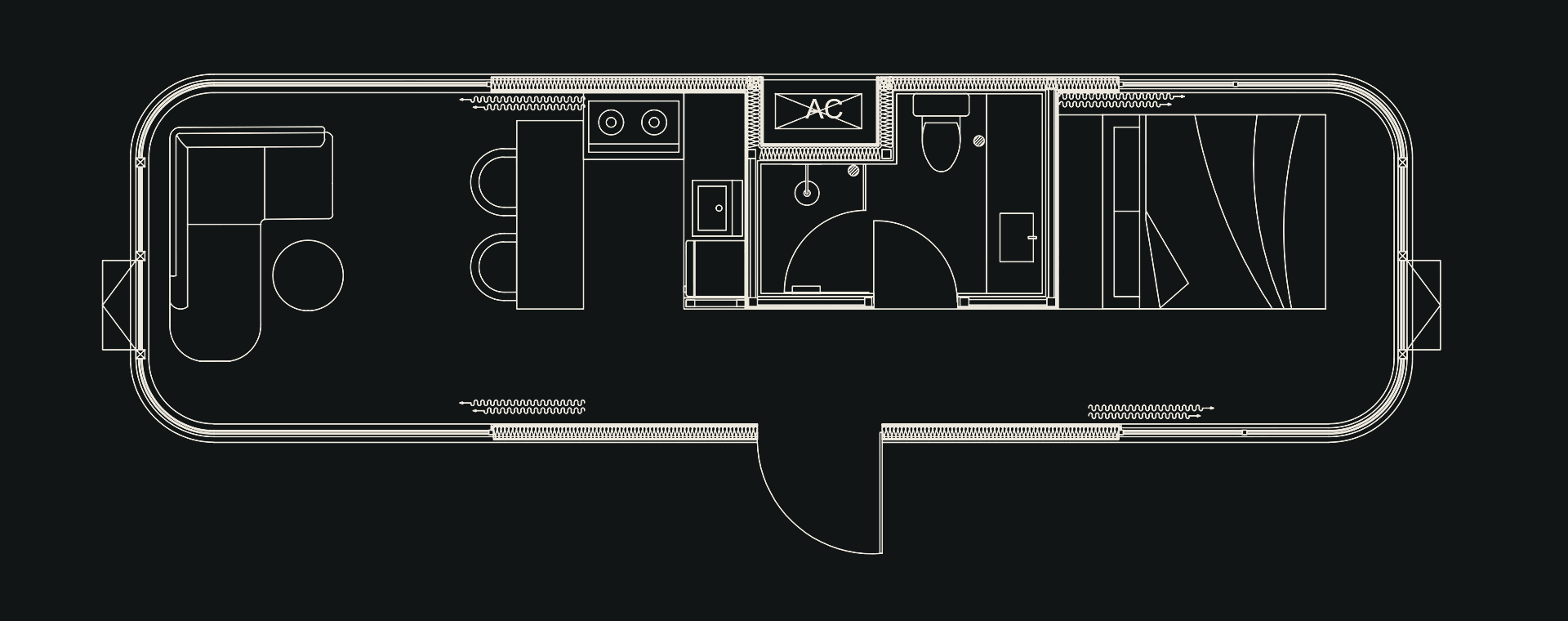 Dark architectural floor plan of the 11.5 metre K7 modular home