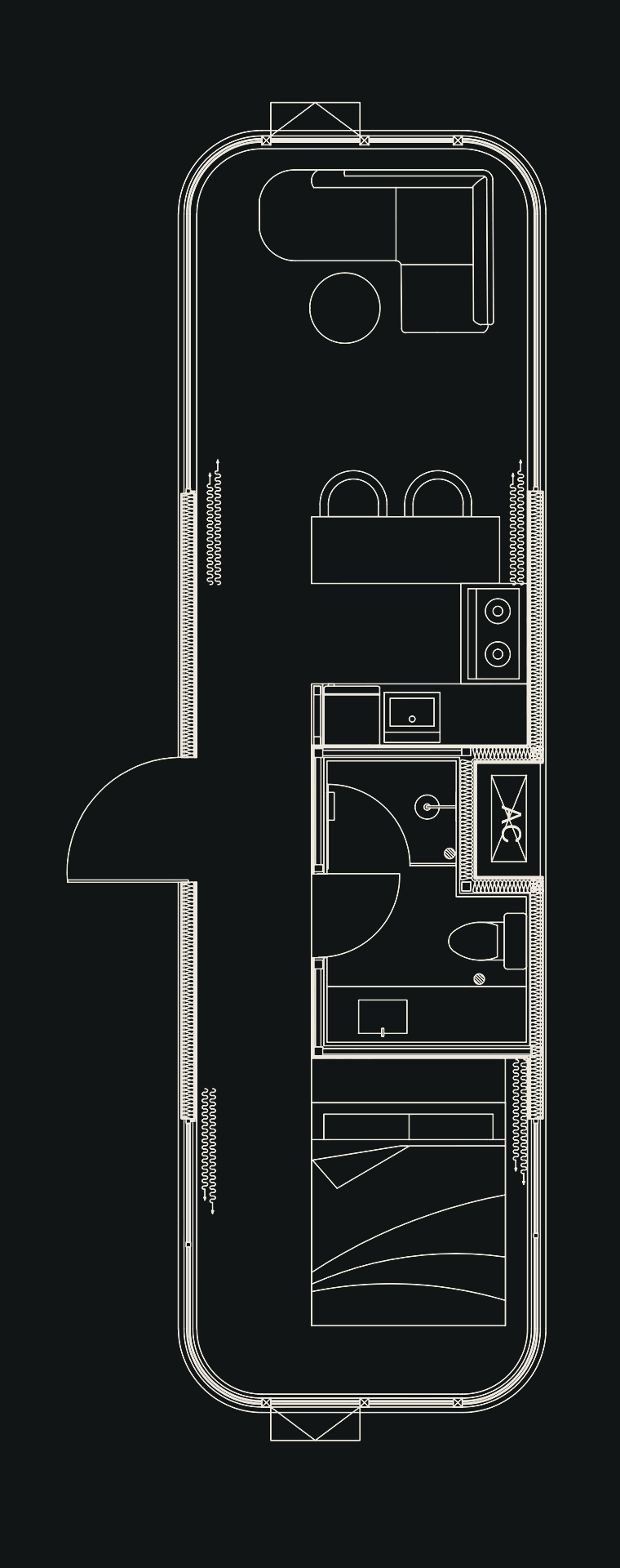 Dark architectural floor plan of the 11.5 metre K7 modular home