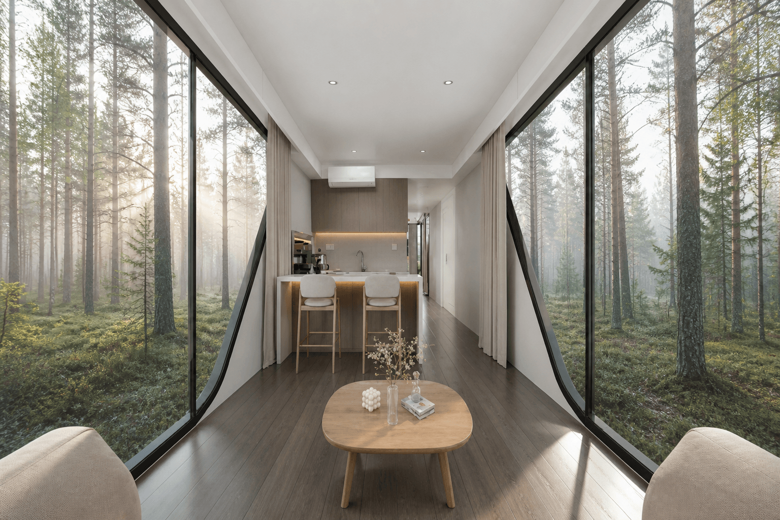 Daylit K7 living room looking toward the kitchen between panoramic windows and a Baltic forest