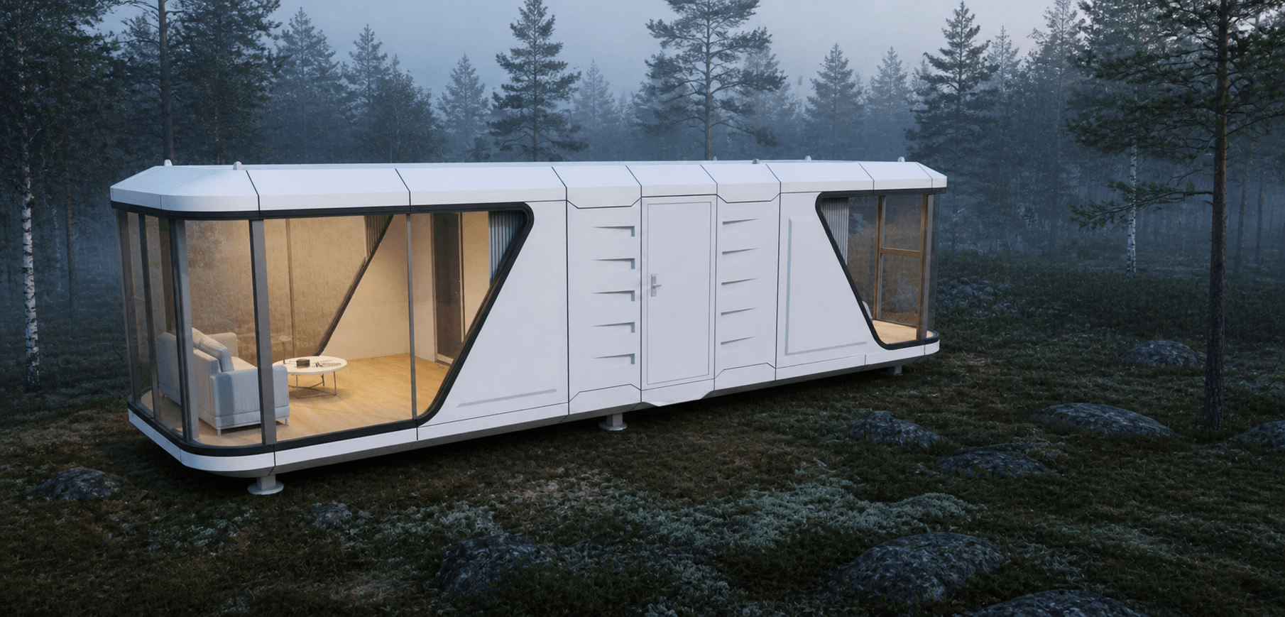 White K7 modular home in a misty northern pine and birch forest at dawn